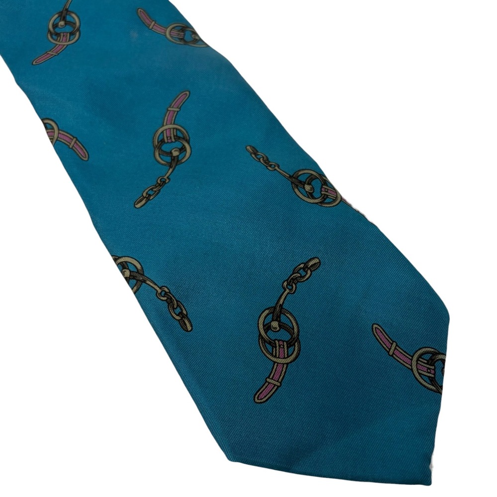 Vintage Halston III Blue Italian Silk Equestrian Horse Bit Chain Tie USA